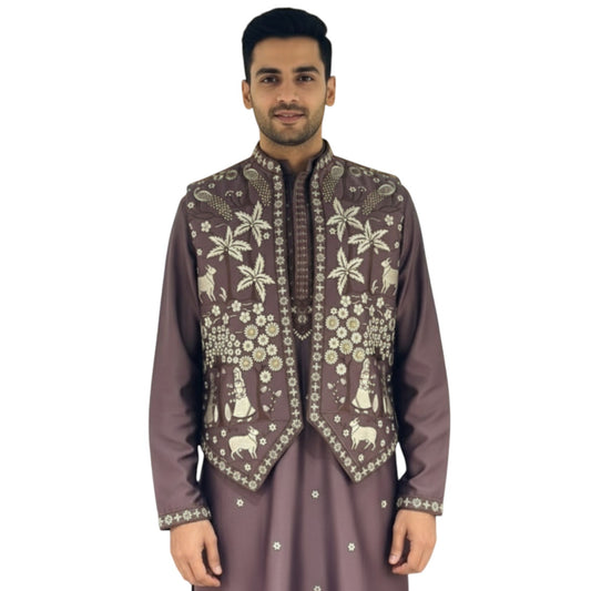 Men's Designer Mauve Bark  Kurta Koti Set – Hand-Embroidered  Ethnic Wear