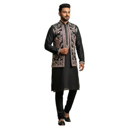 The Estate Midnight Botanical Indo-Western Koti Set — Jet Black
