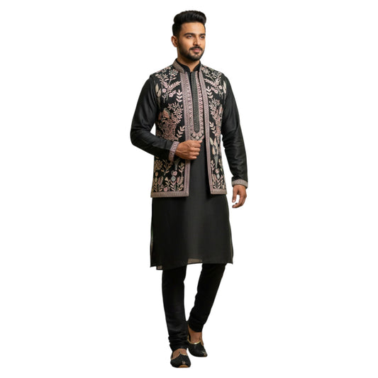 The Estate Midnight Botanical Indo-Western Koti Set — Jet Black