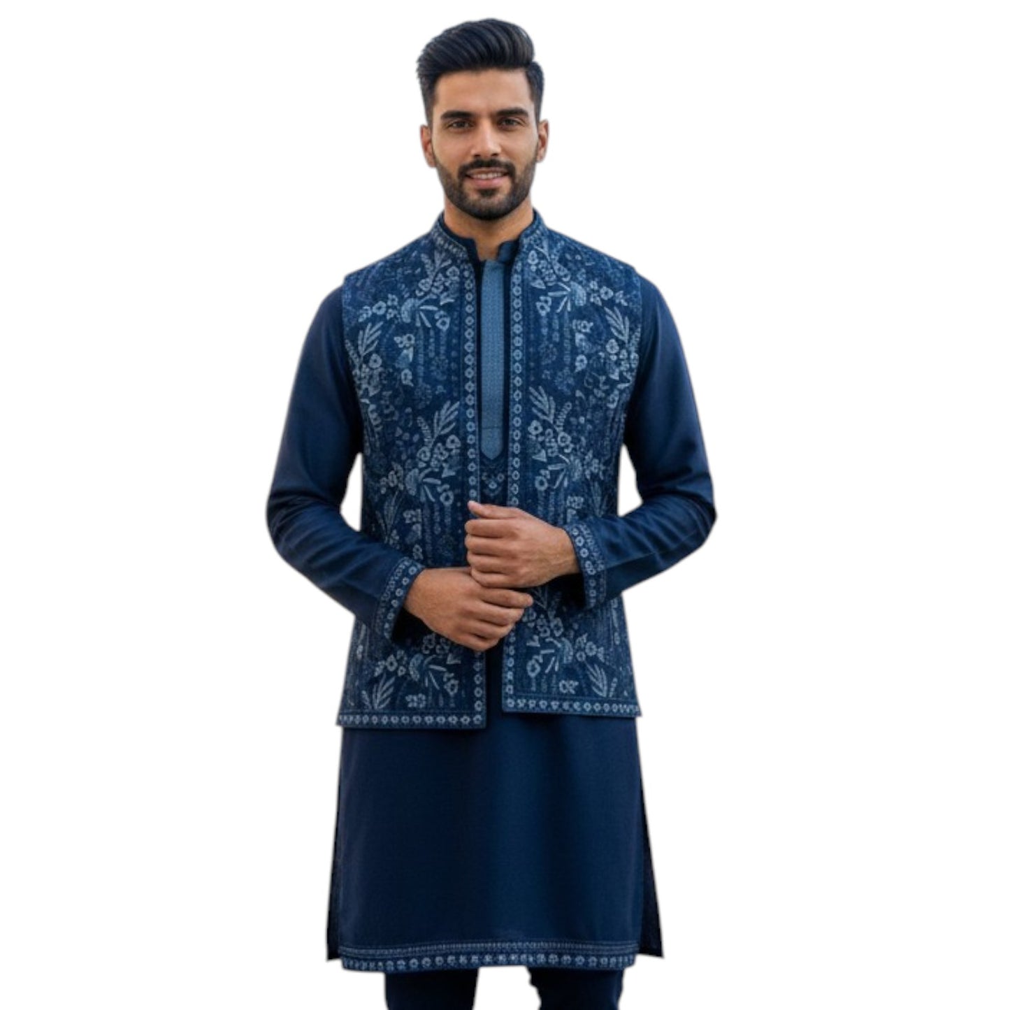 The Estate Midnight Azure Floral Indo-Western Koti Set — Navy Blue