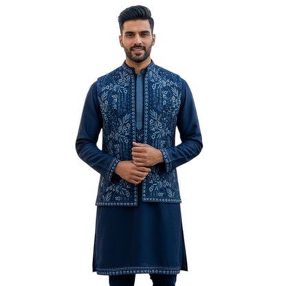 The Estate Midnight Azure Floral Indo-Western Koti Set — Navy Blue
