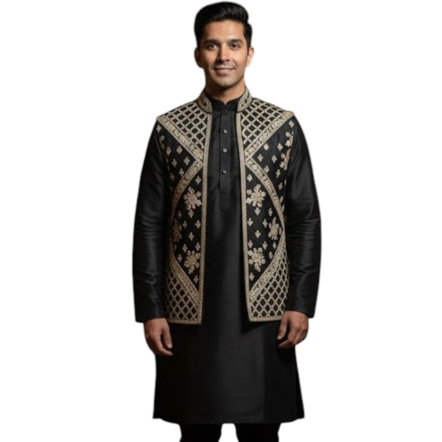 The Estate Midnight Sovereign Embroidered Koti Set — Jet Black