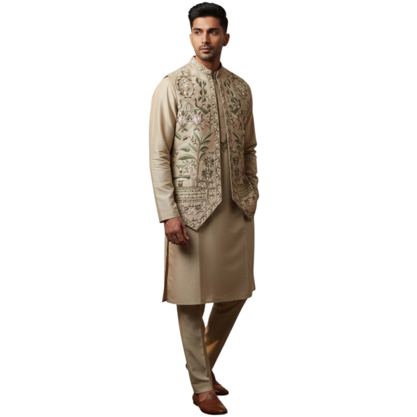 The Estate Heritage Folklore Indo-Western Koti Set — Beige/Gold