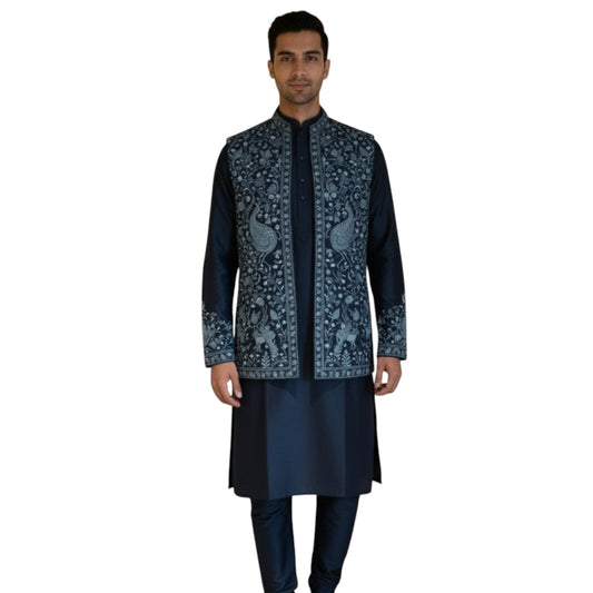The Estate Midnight Teal Peacock Indo-Western Koti Set — Navy Blue