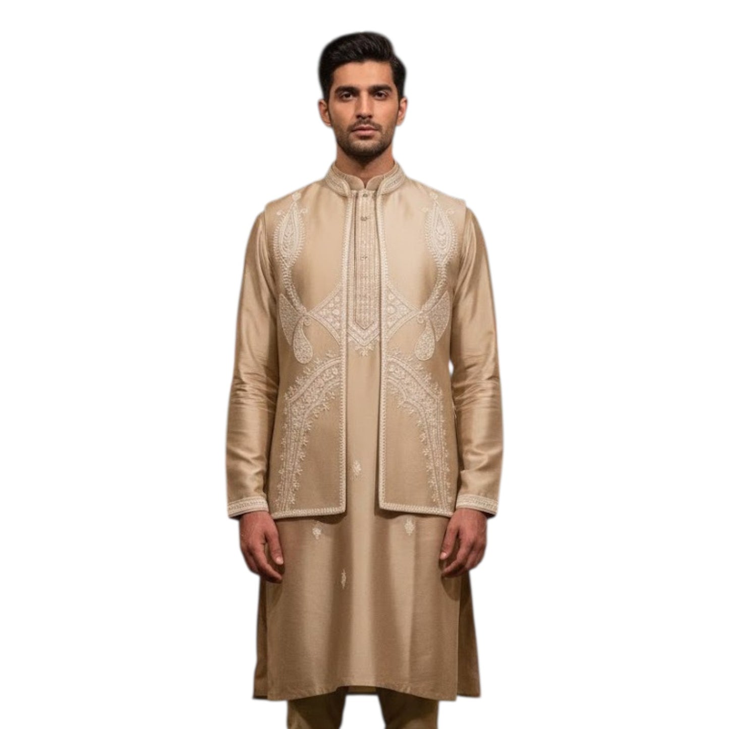 The Estate Heritage Paisley Indo-Western Koti Set — Beige/Gold