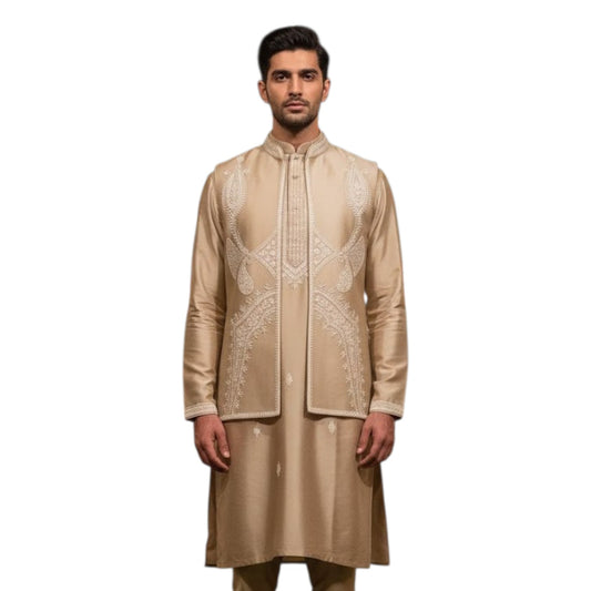 The Estate Heritage Paisley Indo-Western Koti Set — Beige/Gold