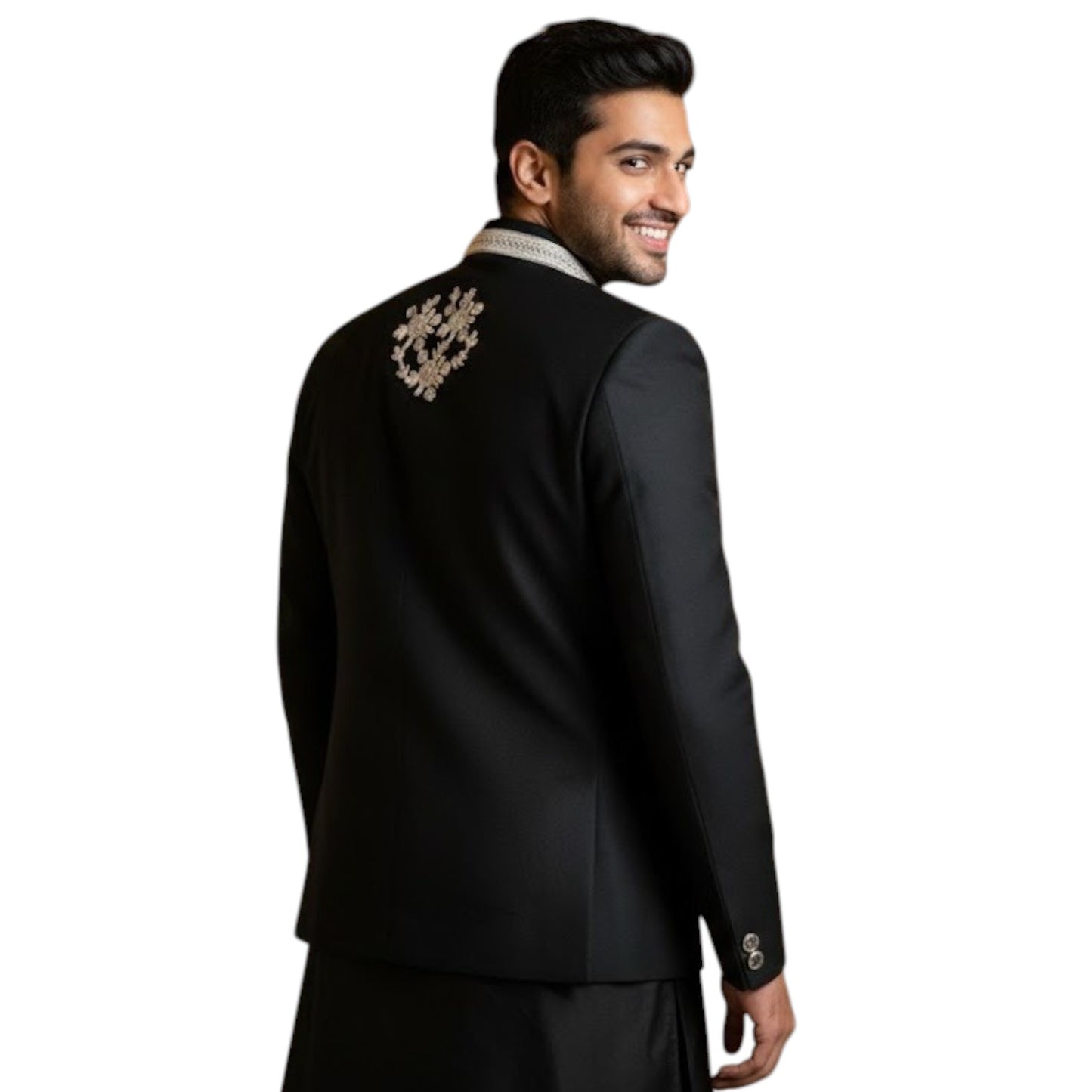 The Estate Midnight Sovereign Embroidered Koti Set — Jet Black