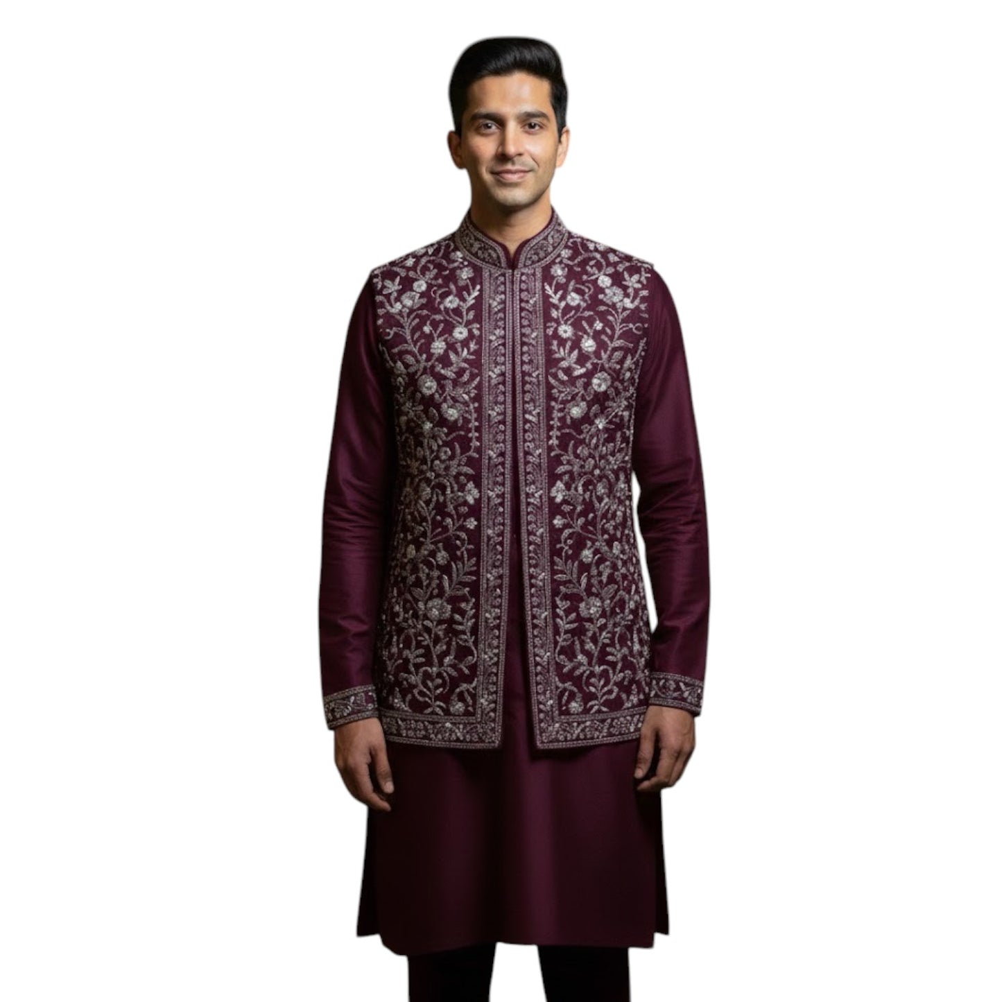 The Estate Regal Wine Silver-Threaded Indo-Western Koti Set