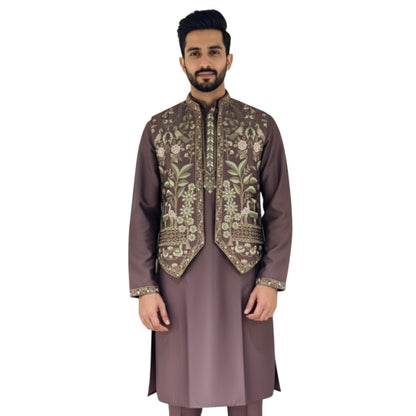Men's Designer Mauve Bark  Kurta Koti Set – Hand-Embroidered  Ethnic Wear