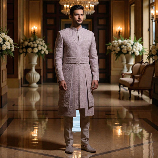 The Estate Imperial Heritage Sherwani with Belt — Dusty Rose/Lilac