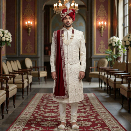 Men's Royal Royal Off-White Embroidered Groom’s Sherwani – Premium Hand-Embroidered  Wedding Ensemble