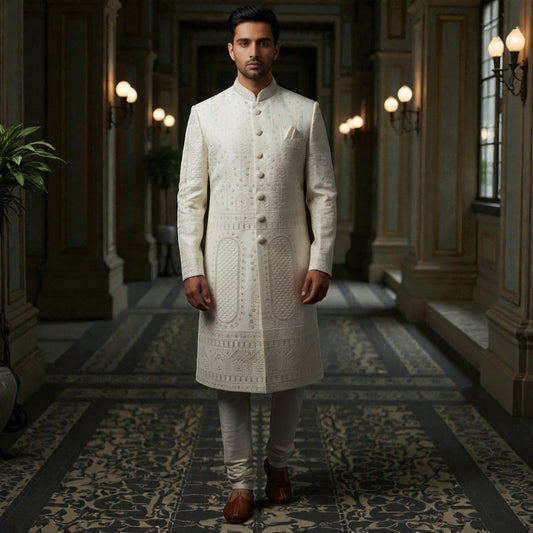 Men’s Elite Hand-Crafted Ivory Heritage tonal-Embroidered Luxury Wedding Sherwani.