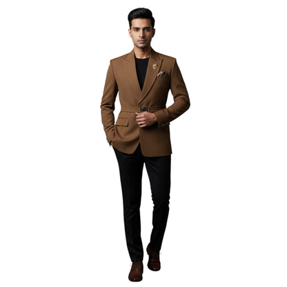 Men’s Elite Hand-Crafted Urban Safari Tobacco Brown Belted Statement Blazer.