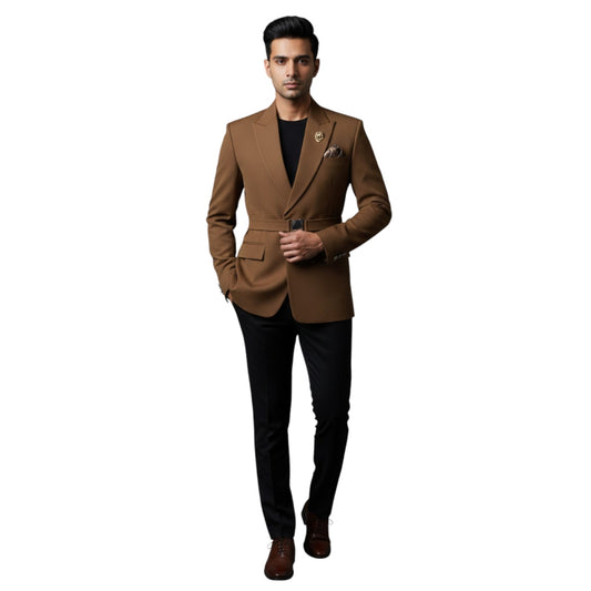 Men’s Elite Hand-Crafted Urban Safari Tobacco Brown Belted Statement Blazer.