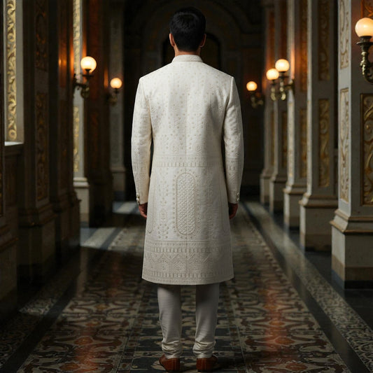 Men’s Elite Hand-Crafted Ivory Heritage tonal-Embroidered Luxury Wedding Sherwani.
