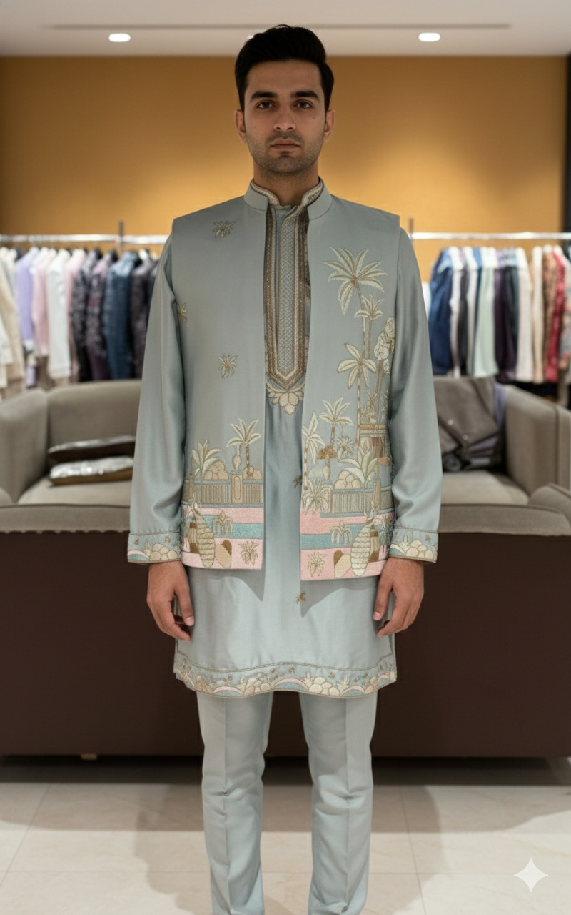 Men's Designer Alice Blue Kurta Koti Set – Hand-Embroidered  Ethnic Wear