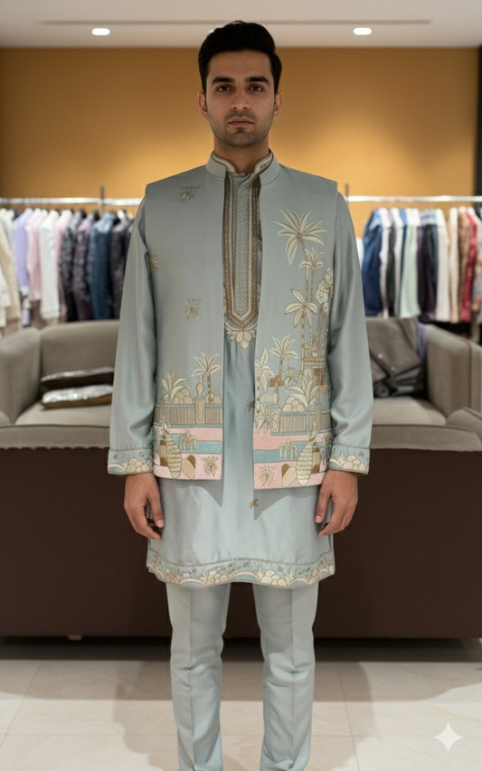Men's Designer Alice Blue Kurta Koti Set – Hand-Embroidered  Ethnic Wear