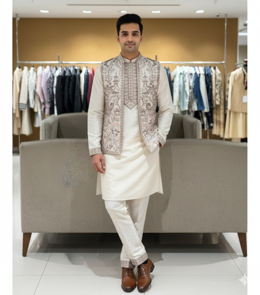 The Estate Royal Gilded Ivory Indo-Western Sherwani Set — Beige/Cream