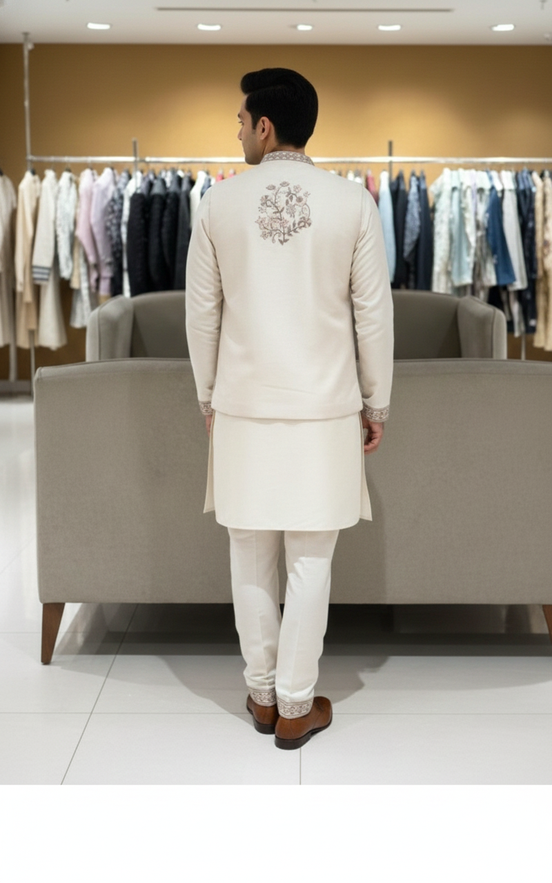 The Estate Royal Gilded Ivory Indo-Western Sherwani Set — Beige/Cream