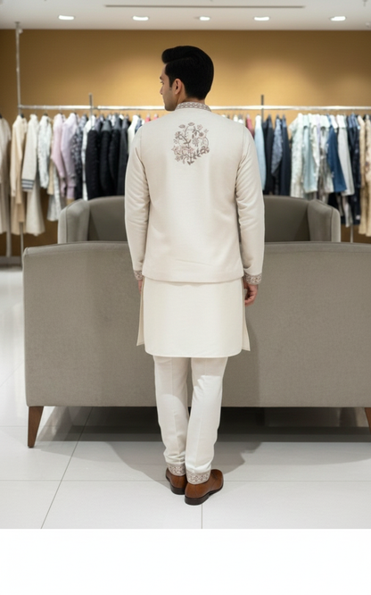 The Estate Royal Gilded Ivory Indo-Western Sherwani Set — Beige/Cream