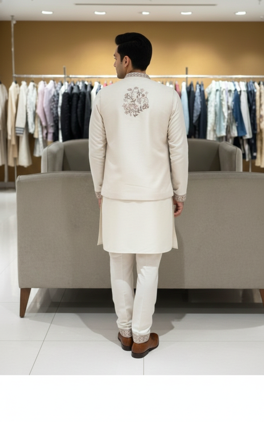 The Estate Royal Gilded Ivory Indo-Western Sherwani Set — Beige/Cream