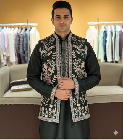 Men's Designer Jungle Teal  Kurta Koti Set – Hand-Embroidered  Ethnic Wear