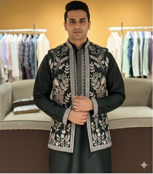 Men's Designer Jungle Teal  Kurta Koti Set – Hand-Embroidered  Ethnic Wear