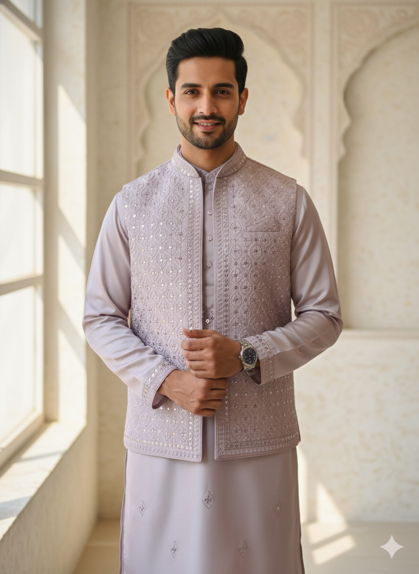 Men's Designer Silver Kurta Koti Set – Hand-Embroidered  Ethnic Wear