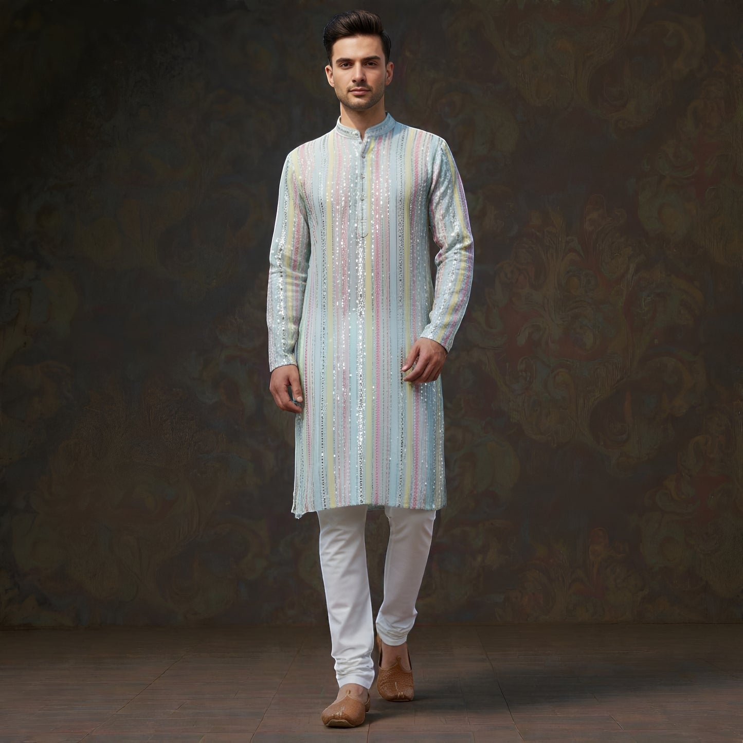 The Sky Blue Pastel Prism: Artisan Mirror-Work & Multi-Tone Vertical Stripe Designer Kurta Ensemble
