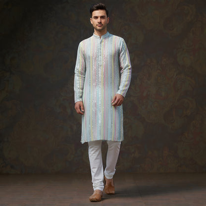 The Sky Blue Pastel Prism: Artisan Mirror-Work & Multi-Tone Vertical Stripe Designer Kurta Ensemble