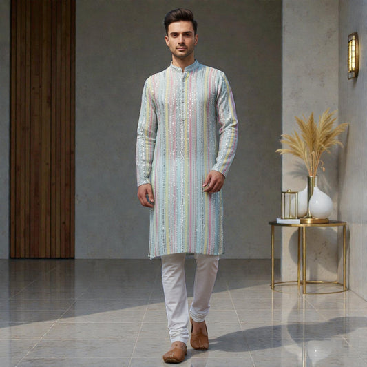 The Sky Blue Pastel Prism: Artisan Mirror-Work & Multi-Tone Vertical Stripe Designer Kurta Ensemble
