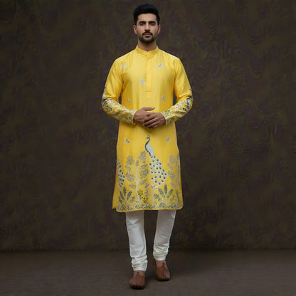 Men's Vibrant Yellow Silk Kurta with Heritage Peacock Motif Embroidery