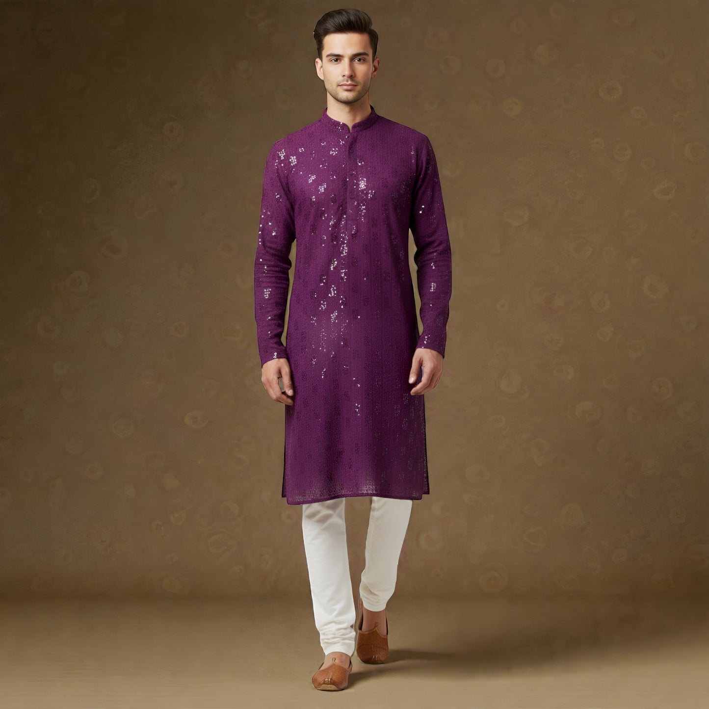 Men's Deep Purple Sequin Embroidered Silk Blend Festive Kurta