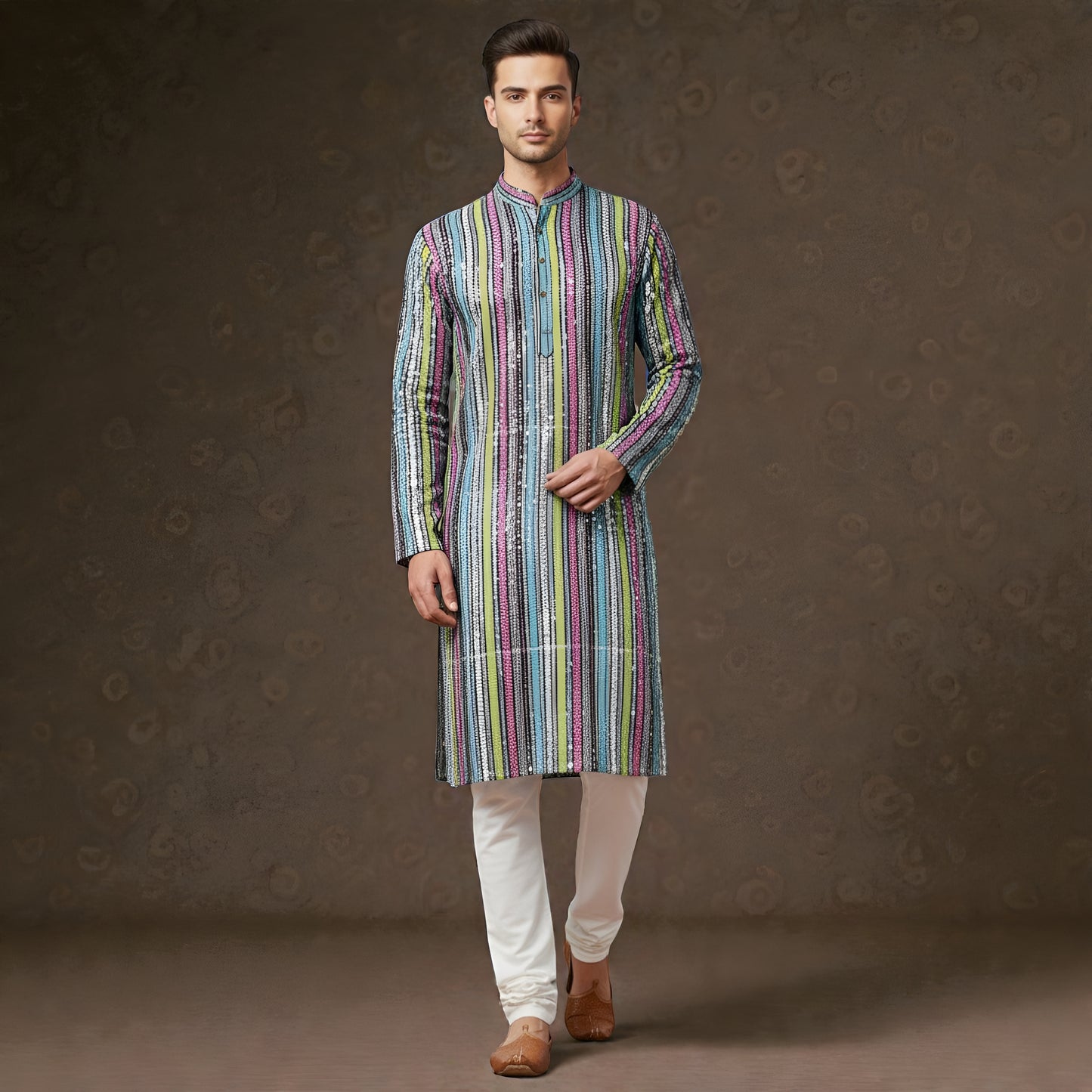 Men's Multi-Color Vertical Stripe Sequin Embroidered Designer Kurta