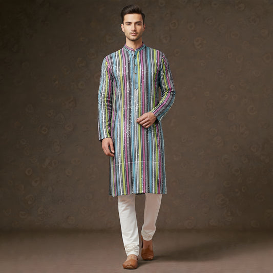 Men's Multi-Color Vertical Stripe Sequin Embroidered Designer Kurta