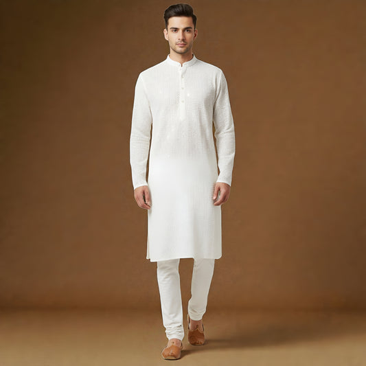 Men's Pristine White Self-Design Sequin Embroidered Silk Blend Kurta