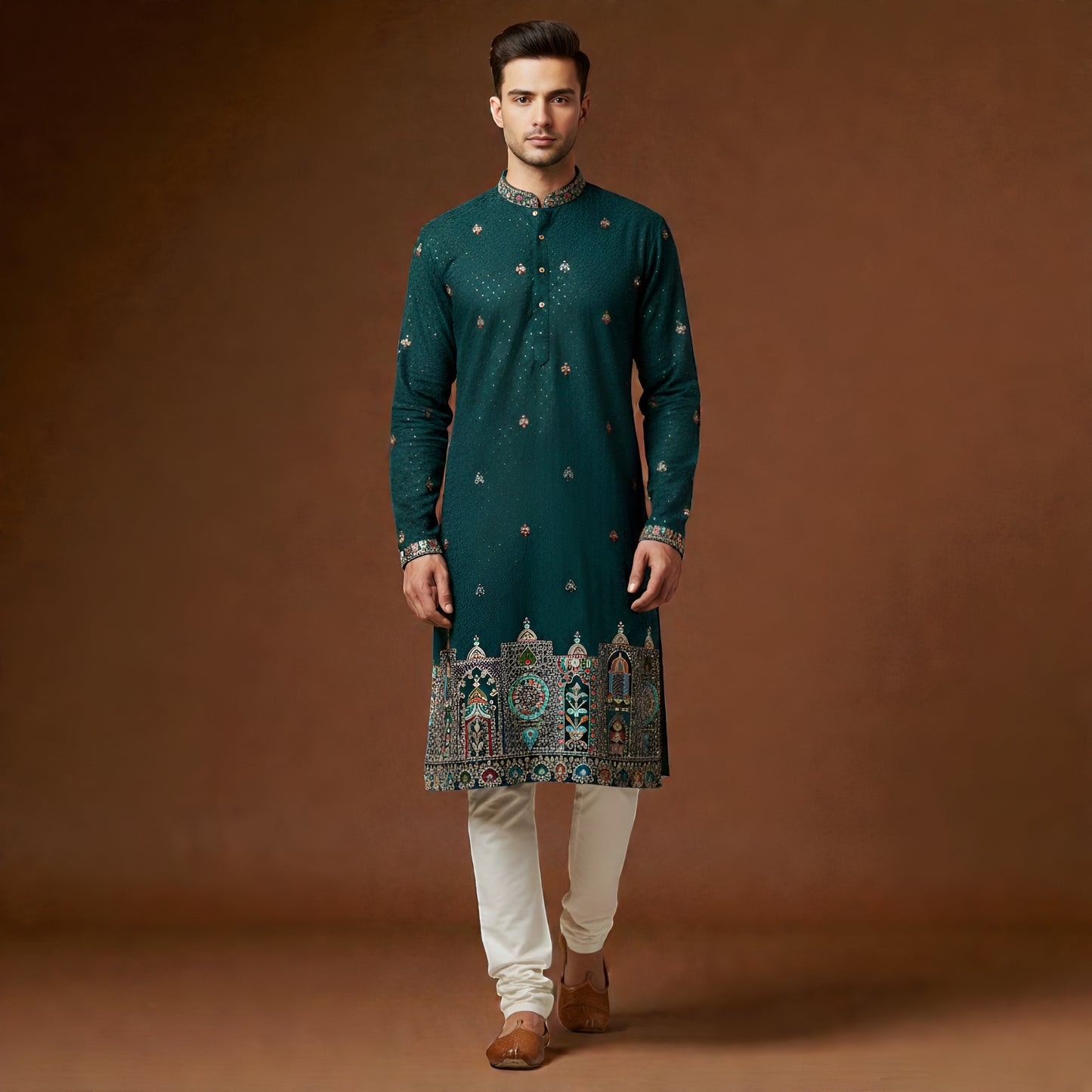 The Teal Majestic Heritage: Intricate Architectural Border & Sequin-Embellished Designer Kurta Ensemble