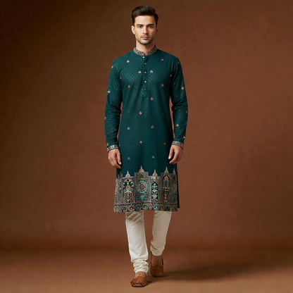The Teal Majestic Heritage: Intricate Architectural Border & Sequin-Embellished Designer Kurta Ensemble