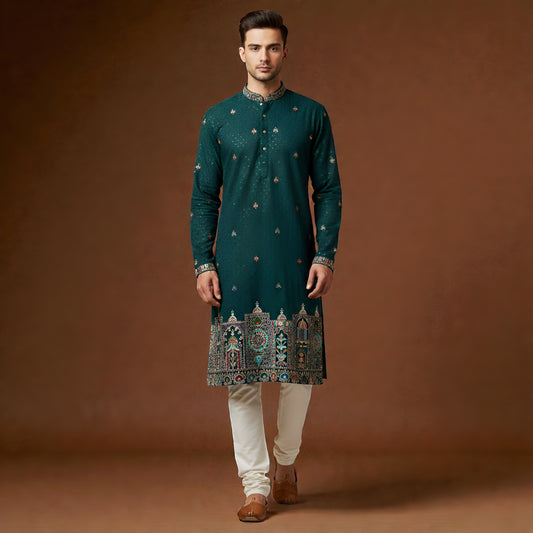 The Teal Majestic Heritage: Intricate Architectural Border & Sequin-Embellished Designer Kurta Ensemble
