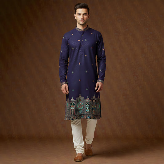The Regal Navy Heritage: Artisan Architectural Border & Star-Dust Sequin Designer Kurta Ensemble