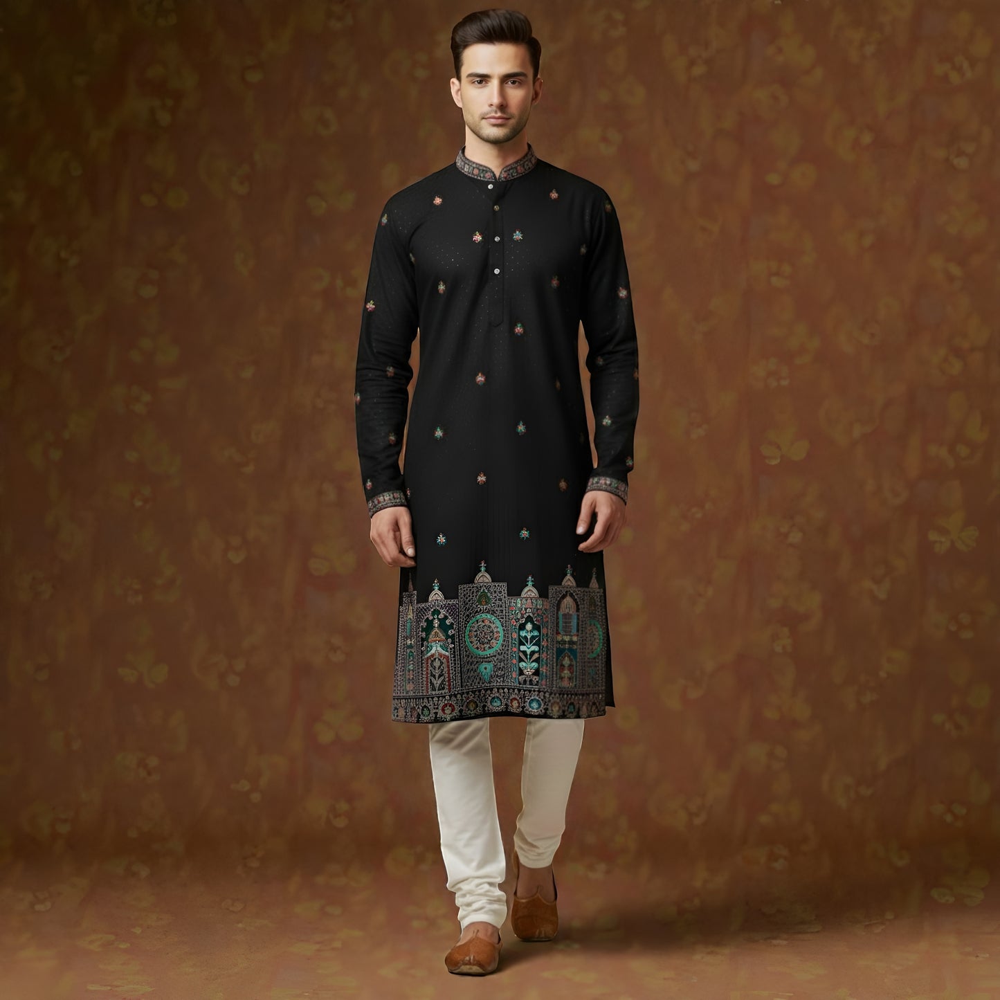 The Obsidian Midnight Royale: Artisan Floral-Embroidered & Textured Indo-Western Fusion Ensemble in Jet Black