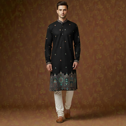 The Obsidian Midnight Royale: Artisan Floral-Embroidered & Textured Indo-Western Fusion Ensemble in Jet Black