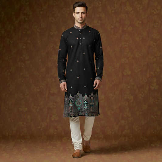 The Obsidian Midnight Royale: Artisan Floral-Embroidered & Textured Indo-Western Fusion Ensemble in Jet Black