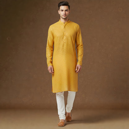 Men's Mustard Yellow Intricate Sequin Embroidered Silk Blend Kurta with Mandarin Collar