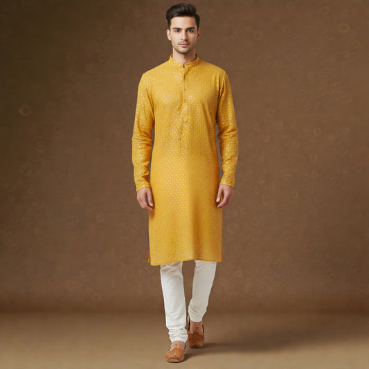 Men's Mustard Yellow Intricate Sequin Embroidered Silk Blend Kurta with Mandarin Collar