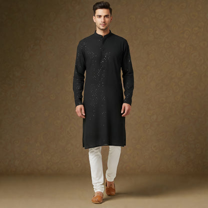 Men's Jet Black Intricate Sequin Embroidered Silk Blend Kurta