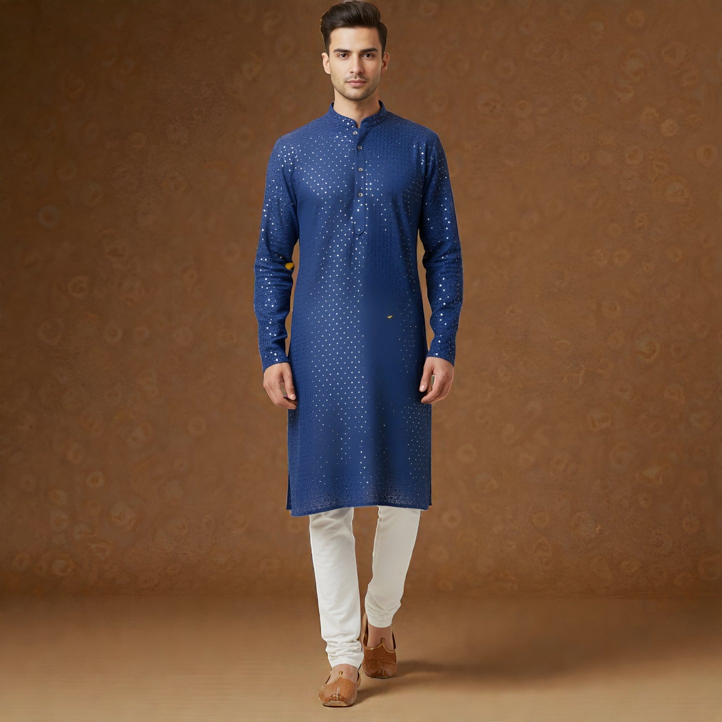 Men's Royal Blue Sequin Embellished Silk Blend Festive Kurta