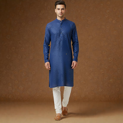 Men's Royal Blue Sequin Embellished Silk Blend Festive Kurta