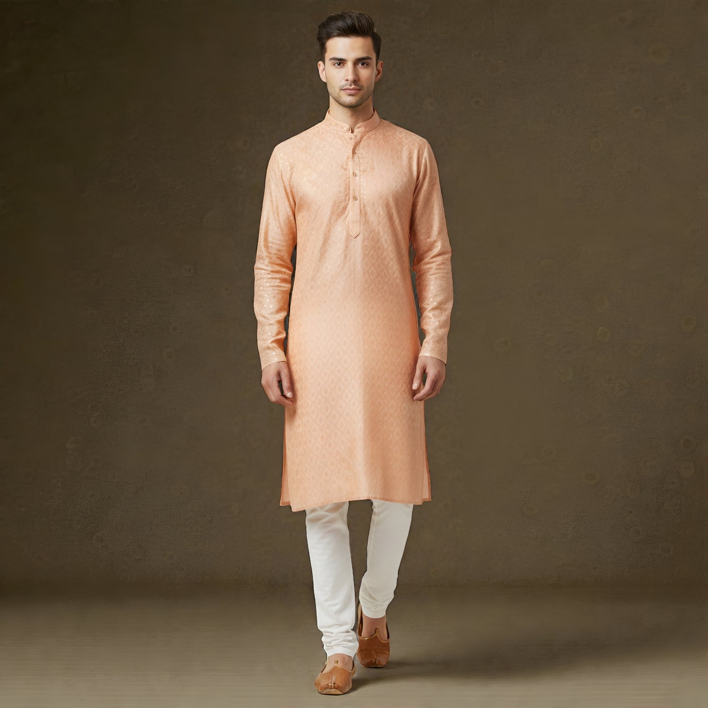 Men's Peach Shimmering Sequin Embroidered Silk Blend Kurta