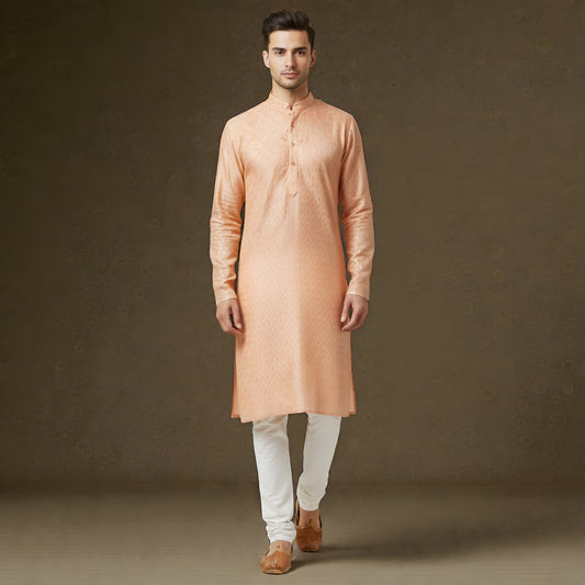 Men's Peach Shimmering Sequin Embroidered Silk Blend Kurta